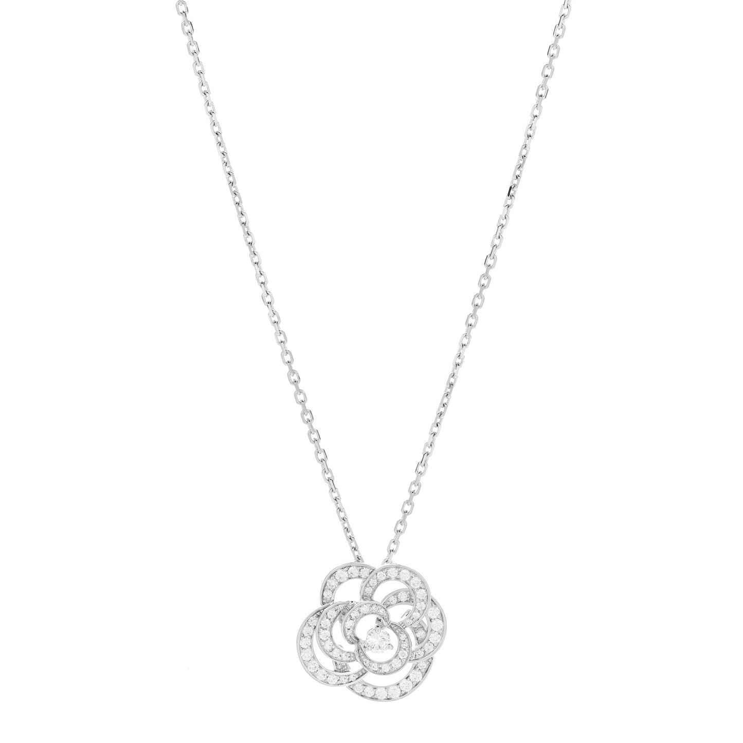 18K White Gold Diamond Small Fil De Camelia Pendant Necklace