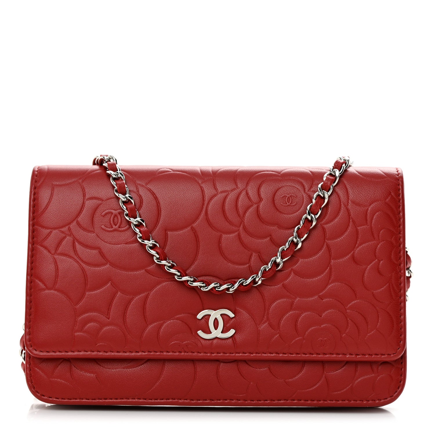 Chanel Lambskin Camellia Embossed Wallet on Chain WOC Red 1 of 12