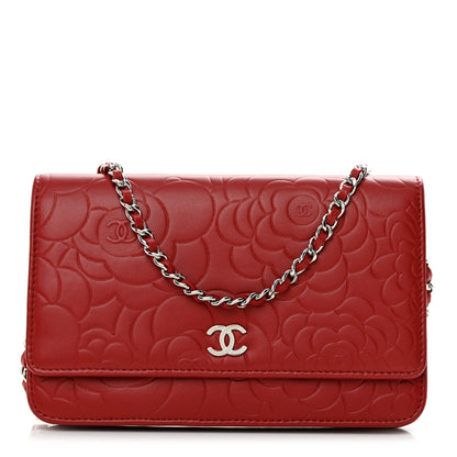 Chanel Lambskin Camellia Embossed Wallet on Chain WOC Red 1 of 12