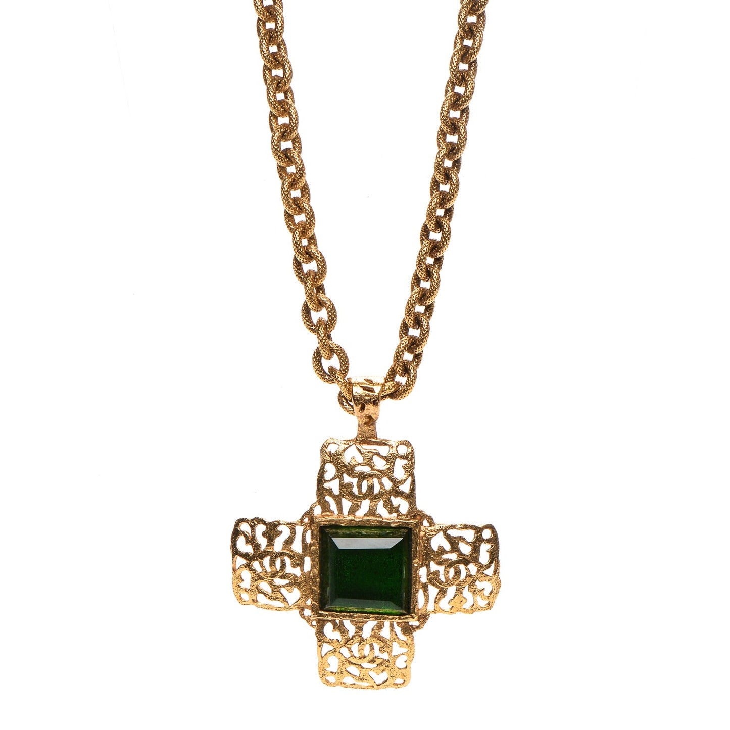 Gripoix CC Cross Pendant Necklace Green Gold