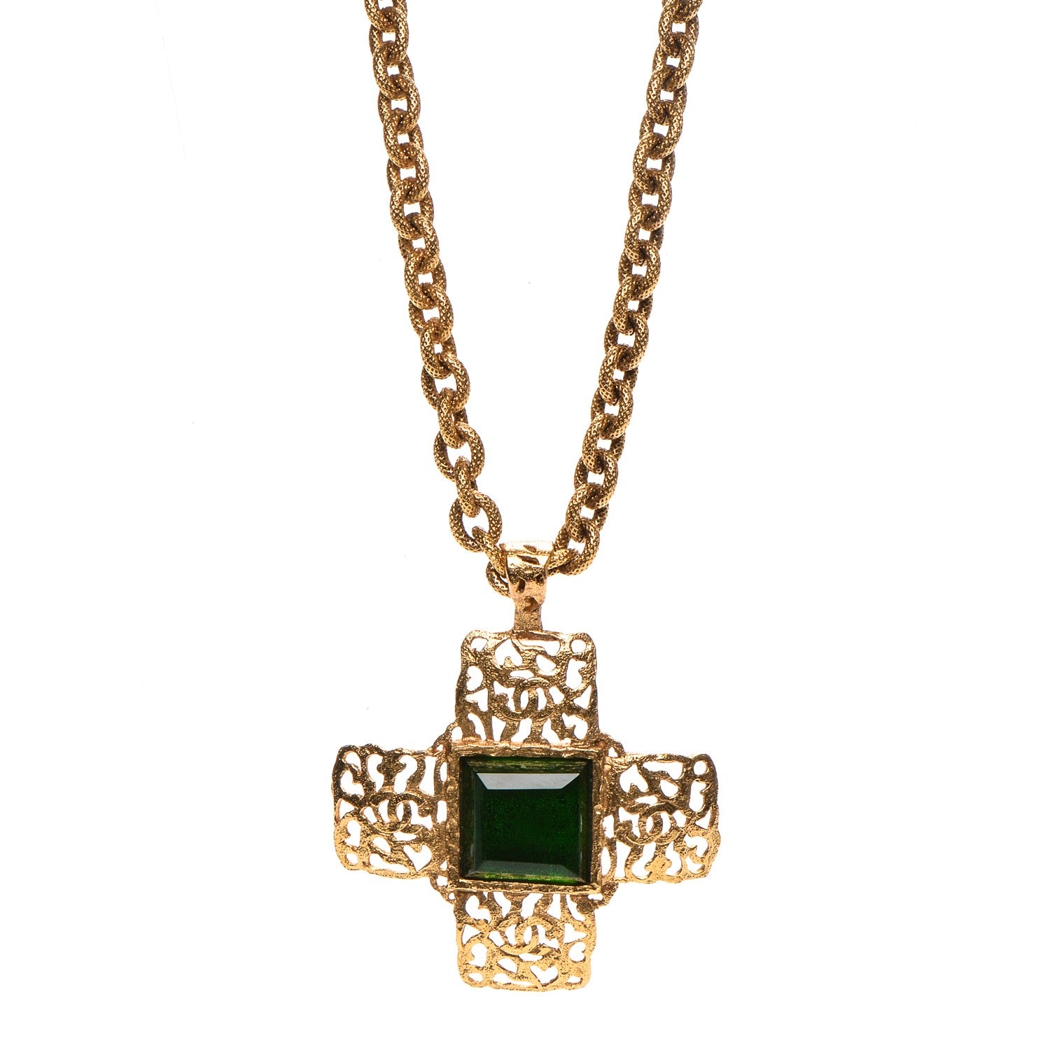 Chanel Gripoix CC Cross Pendant Necklace Green Gold 1 of 6