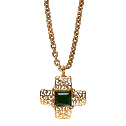 Chanel Gripoix CC Cross Pendant Necklace Green Gold 1 of 6