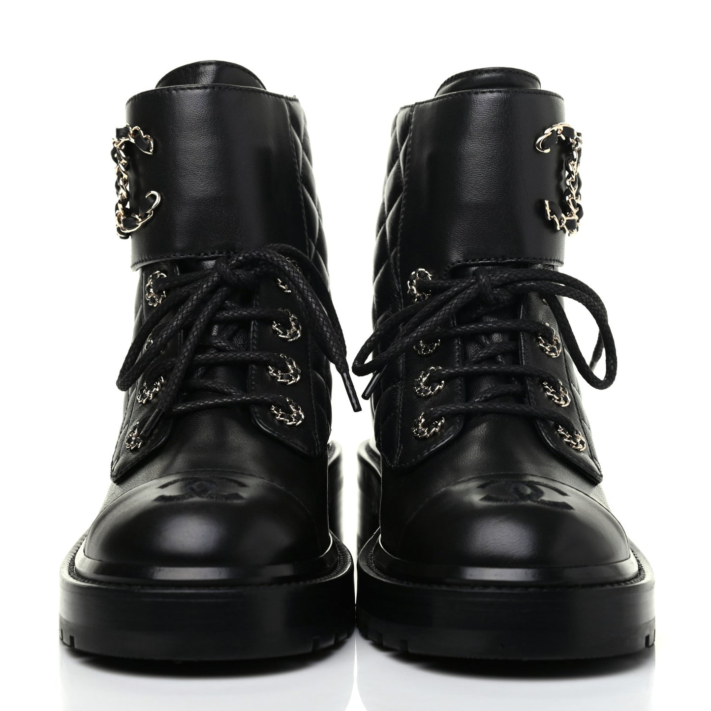 Shiny Lambskin Quilted Lace Up Combat Boots 36.5 Black
