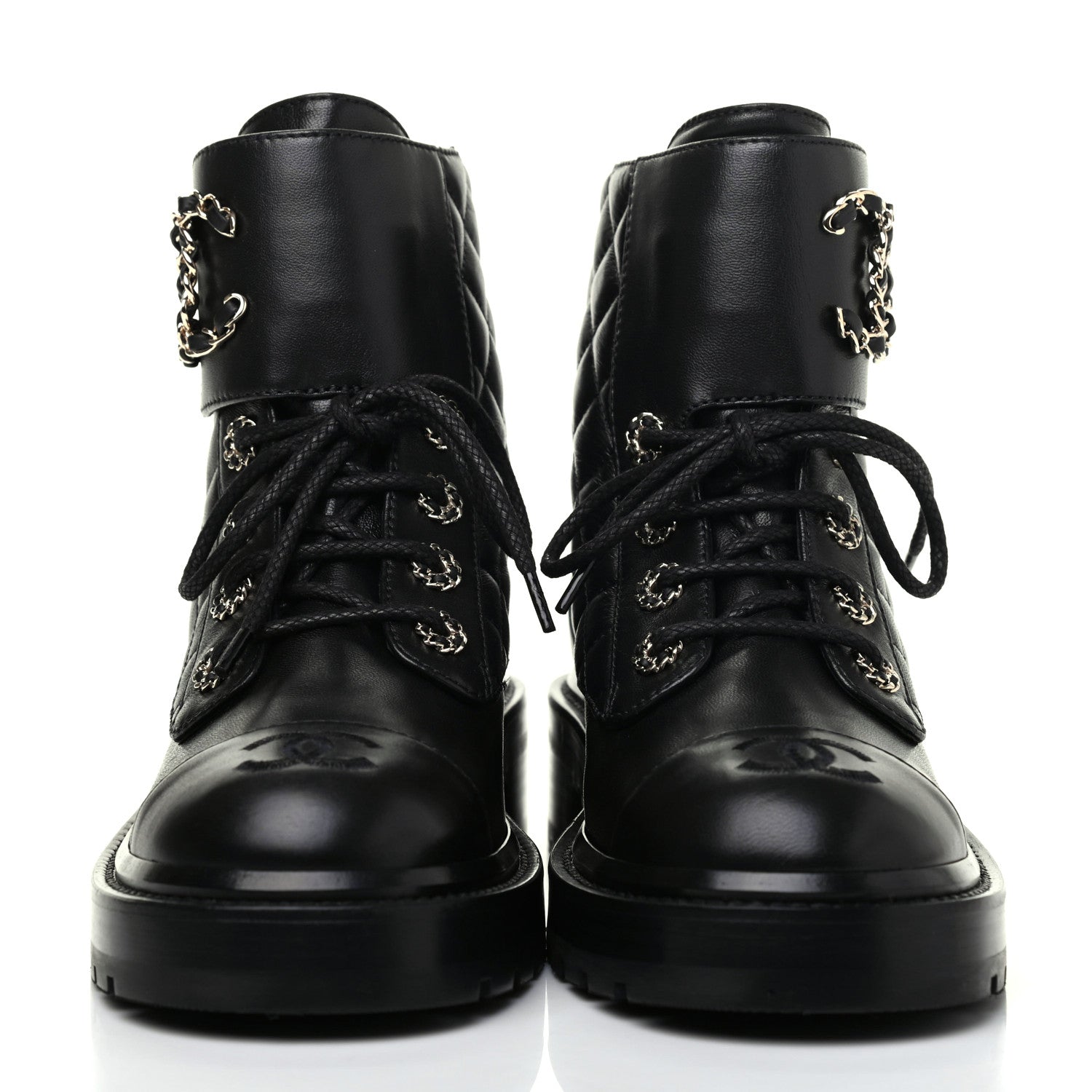 Chanel Shiny Lambskin Quilted Lace Up Combat Boots 36.5 Black 2 of 13