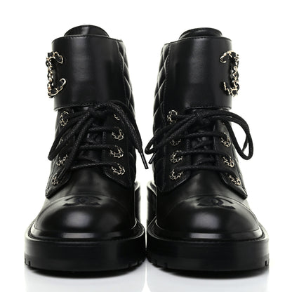 Chanel Shiny Lambskin Quilted Lace Up Combat Boots 36.5 Black 2 of 13