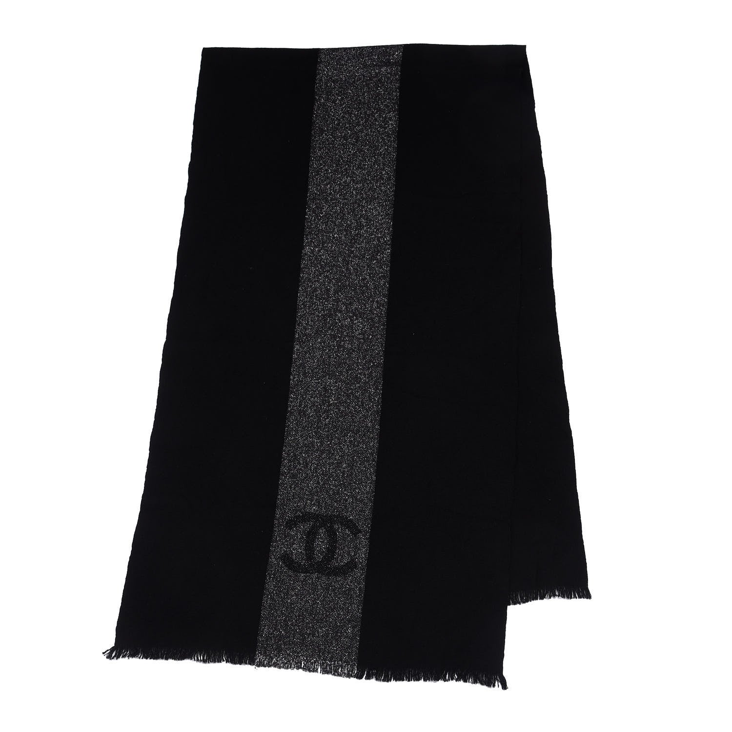 Chanel Cashmere Viscose CC Scarf Black Grey 2 of 4