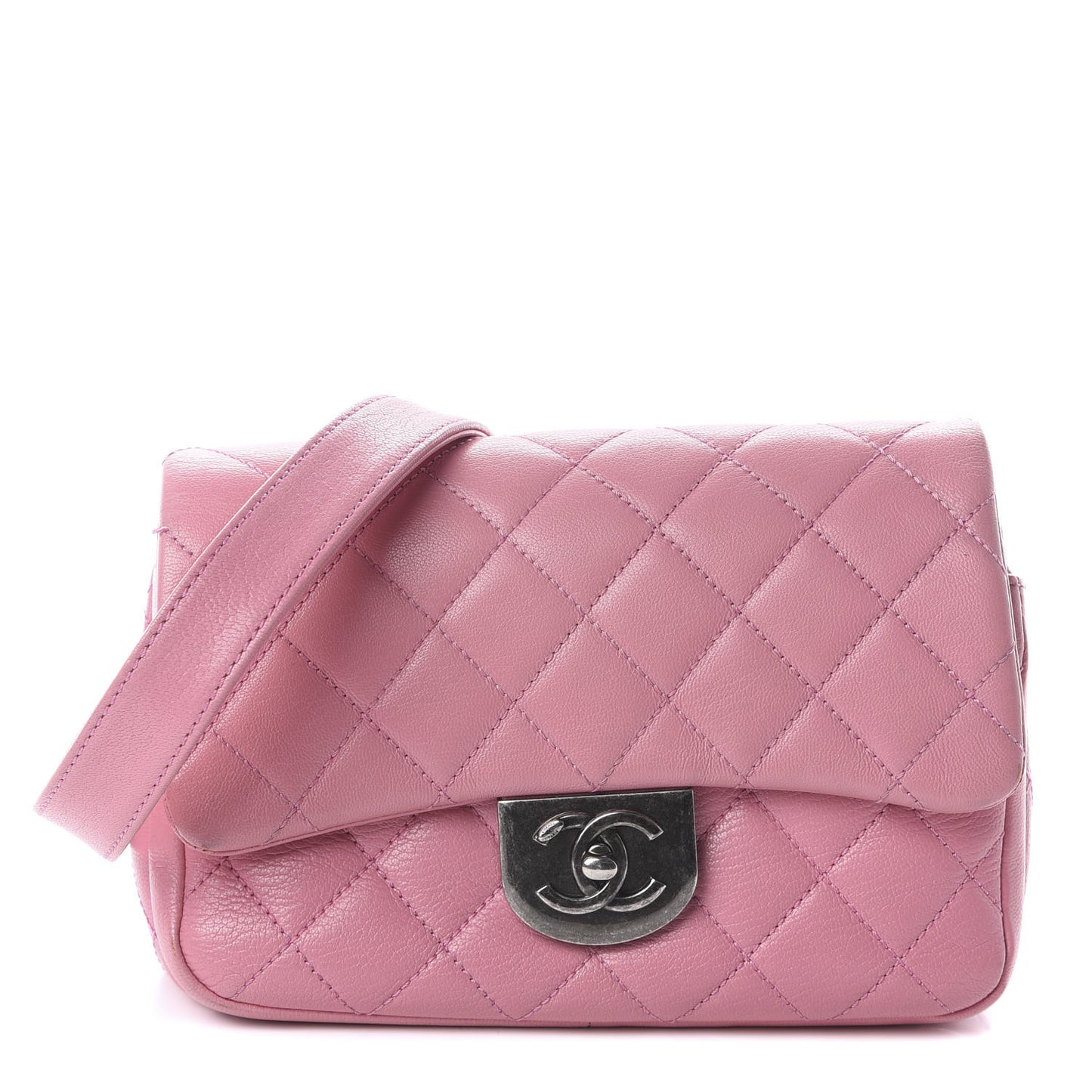 Shiny Goatskin Quilted Small Double Carry Waist Chain Flap Pink