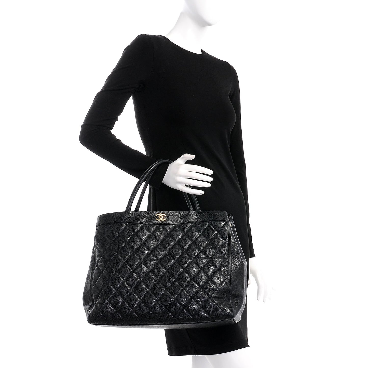 Caviar Quilted Shopping Tote Black