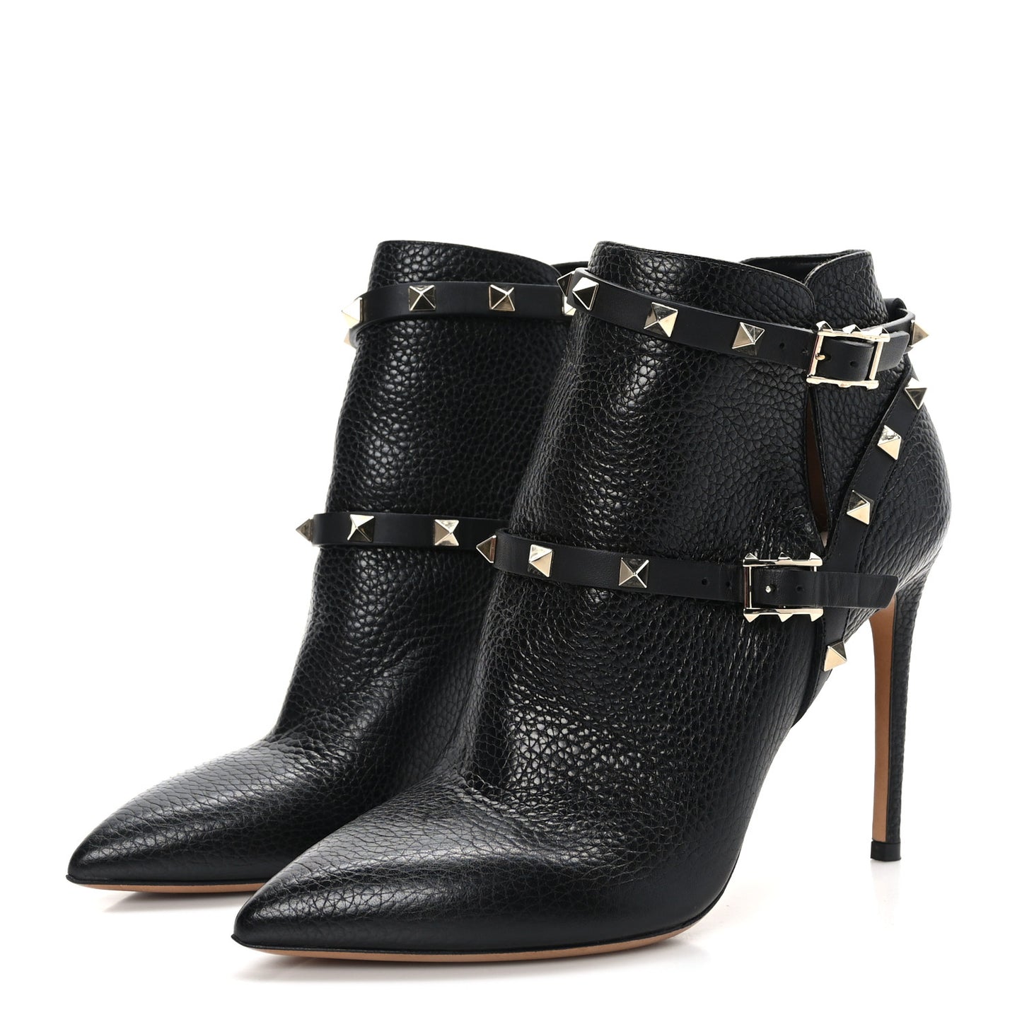Grained Calfskin Rockstud Double Buckle 100mm Ankle Boots 38.5 Black