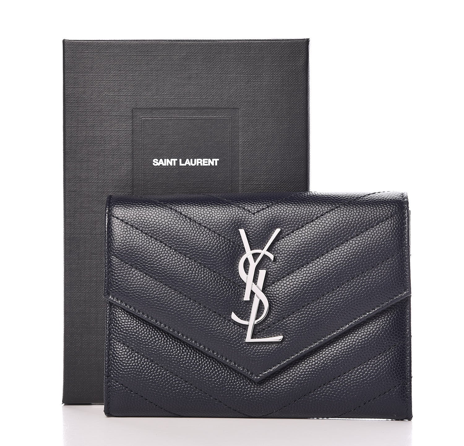 Saint Laurent Grain De Poudre Matelasse Chevron Small Monogram Passport Case Deep Marine 10 of 10
