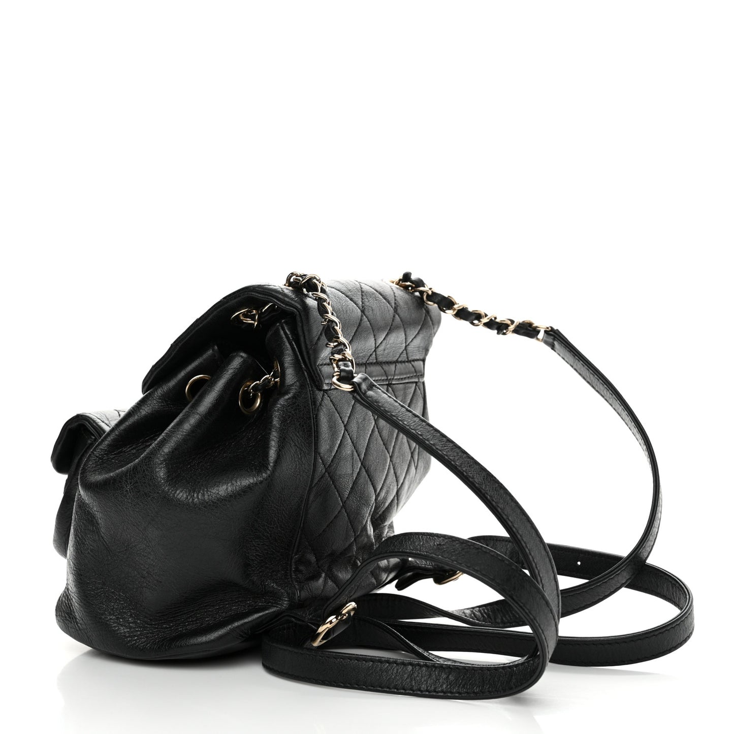 Glazed Aged Calfskin Quilted Small Duma Drawstring Backpack Black