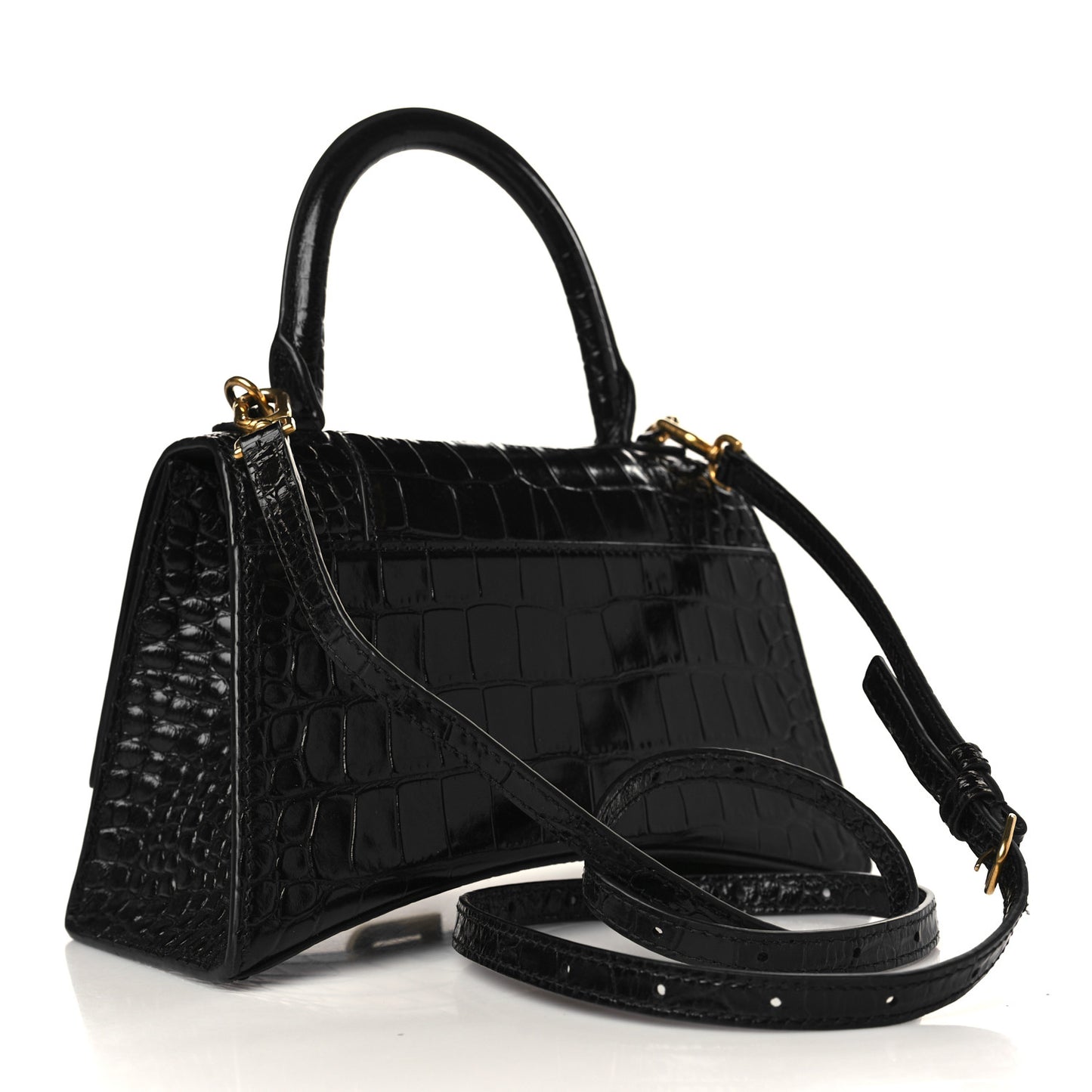 Shiny Calfskin Crocodile Embossed Small Hourglass Top Handle Bag Black