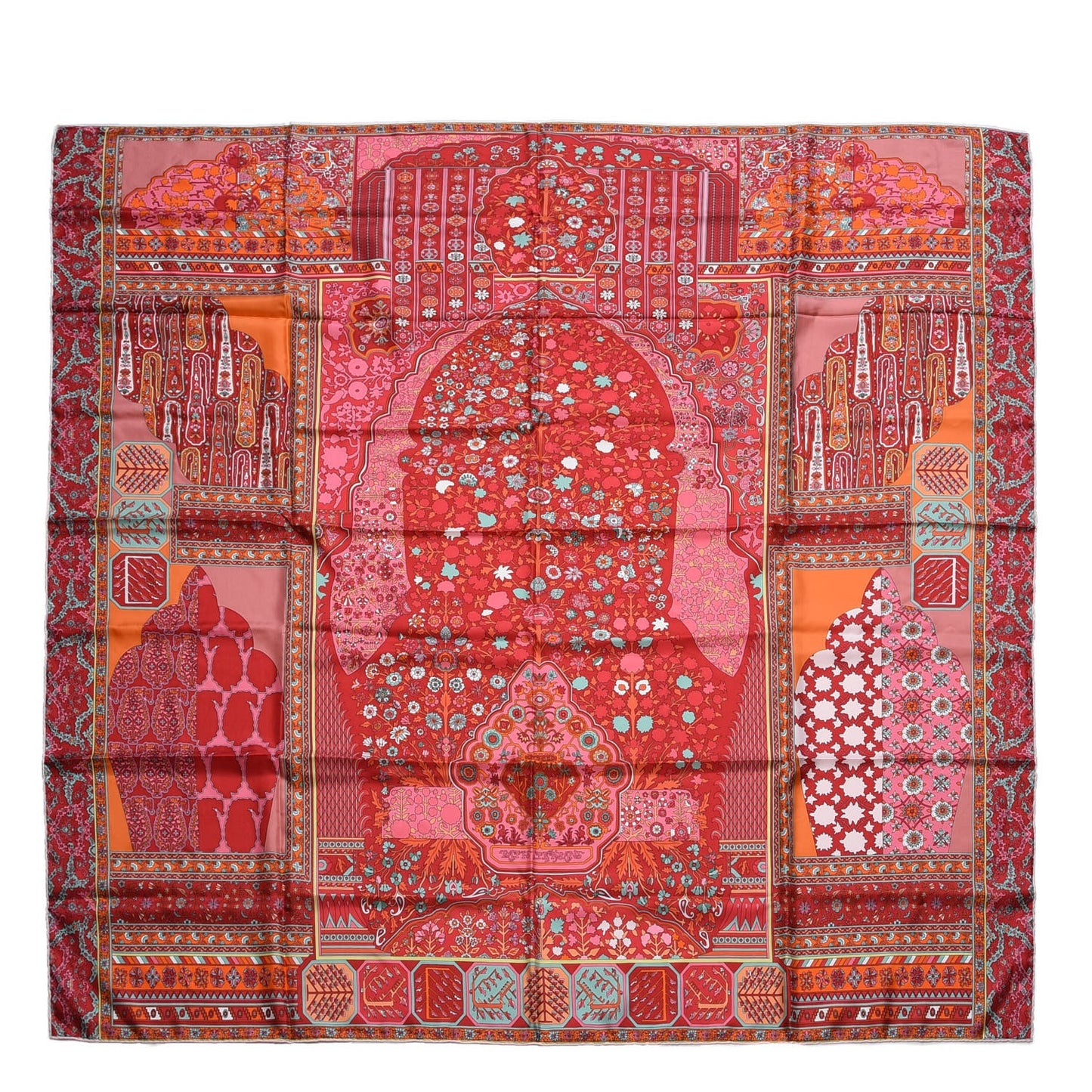 Silk Twill Tapis Persans Giant Plume Scarf 140 Framboise Turquoise Orange