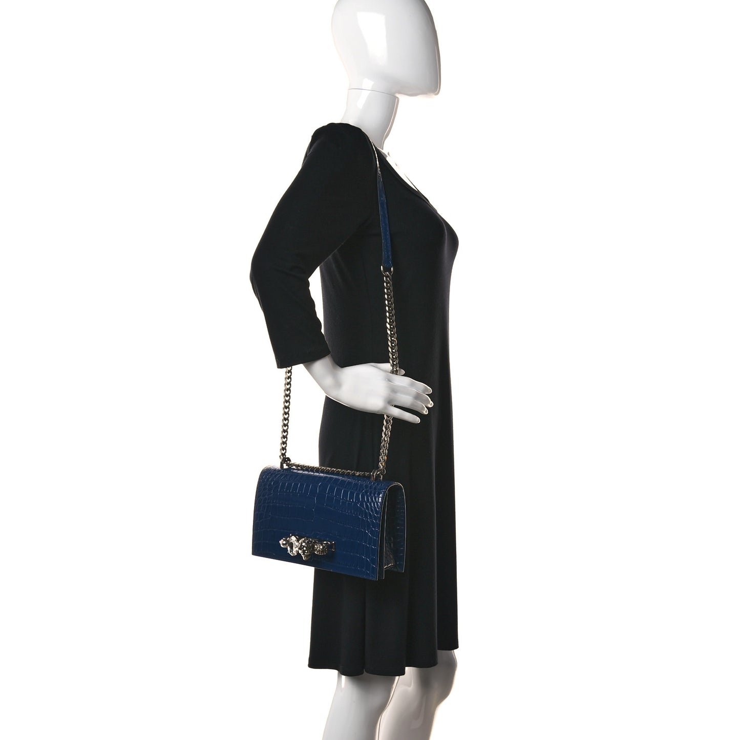 Shiny Crocodile Embossed Jeweled Satchel Industrial Blue