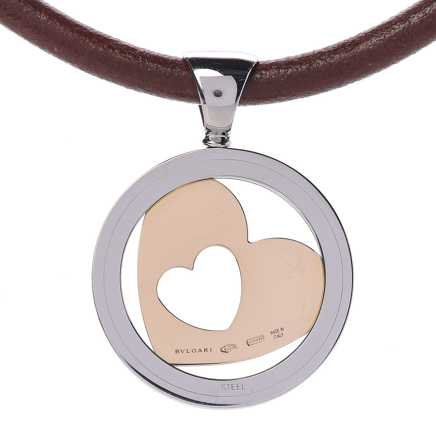 Bulgari Stainless Steel 18K Yellow Gold Calfskin Tondo Heart Pendant Necklace Brown 5 of 9