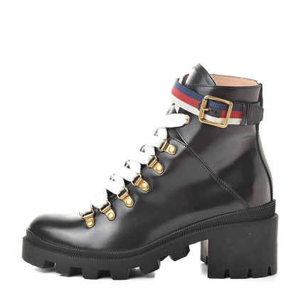 Gucci Calfskin Womens Sylvie Web Lace Up Combat Boots 37 Black 1 of 10