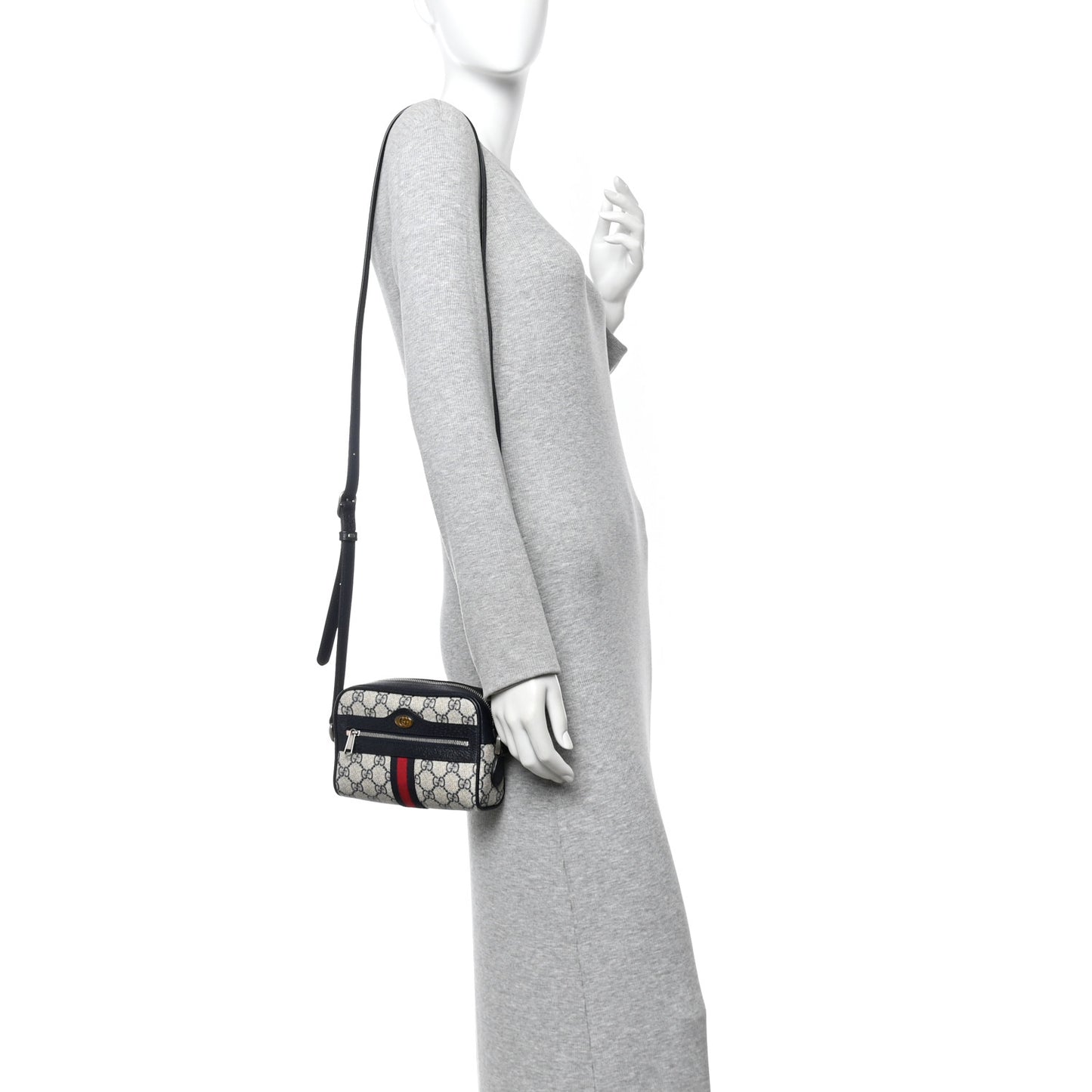 GG Supreme Monogram Textured Dollar Calfskin Web Mini Ophidia Shoulder Bag Beige Blue