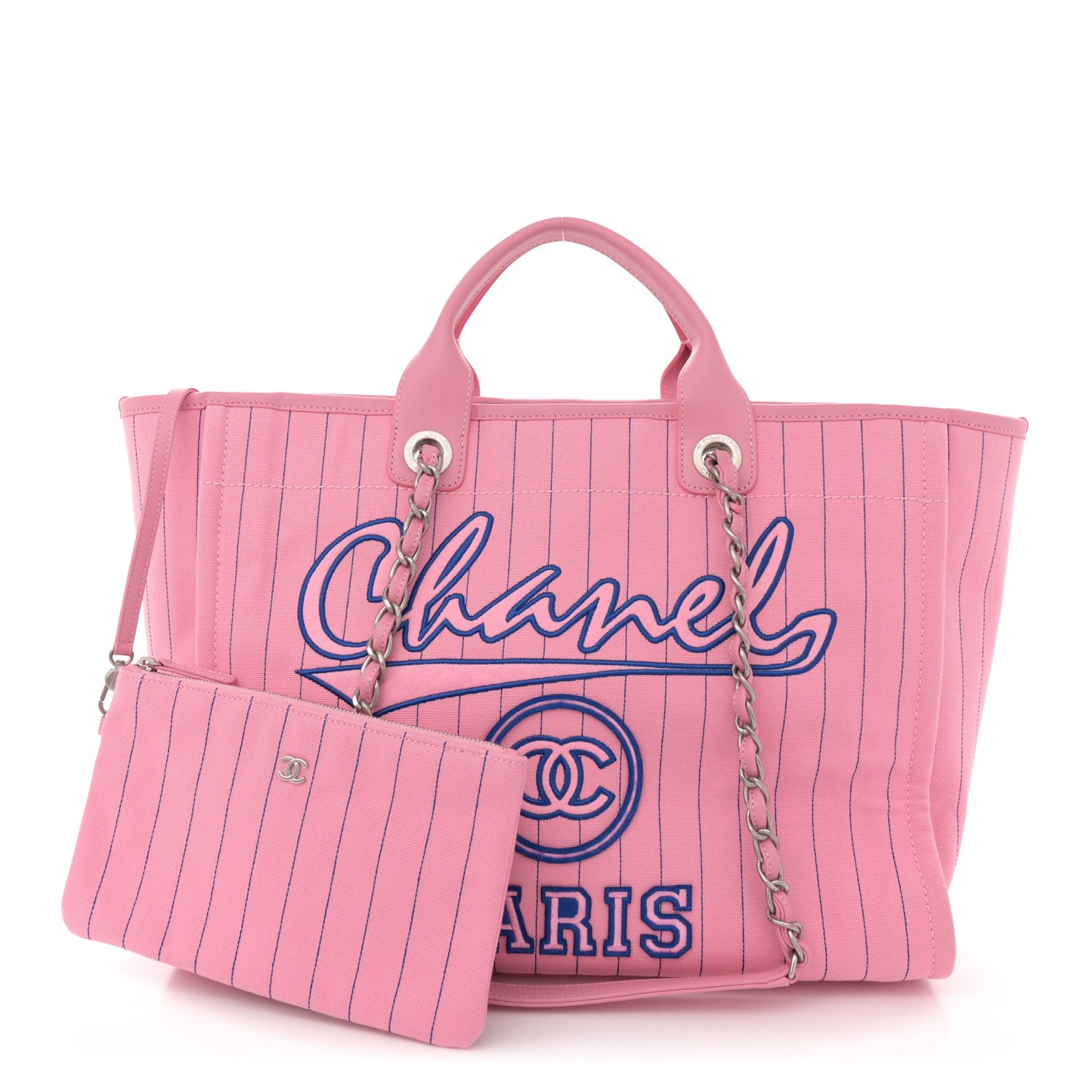 Canvas Calfskin Striped Medium Deauville Tote Pink Blue
