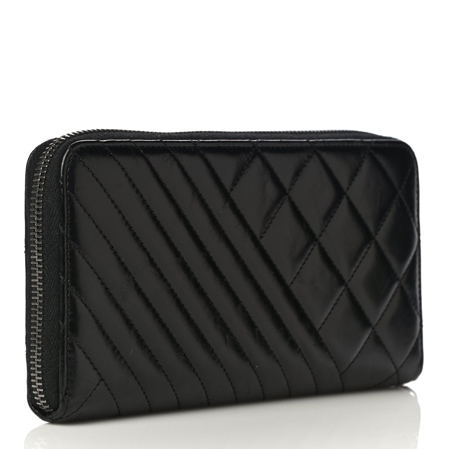 Glazed Calfskin Quilted Small Coco Boy Zip Around Wallet Black