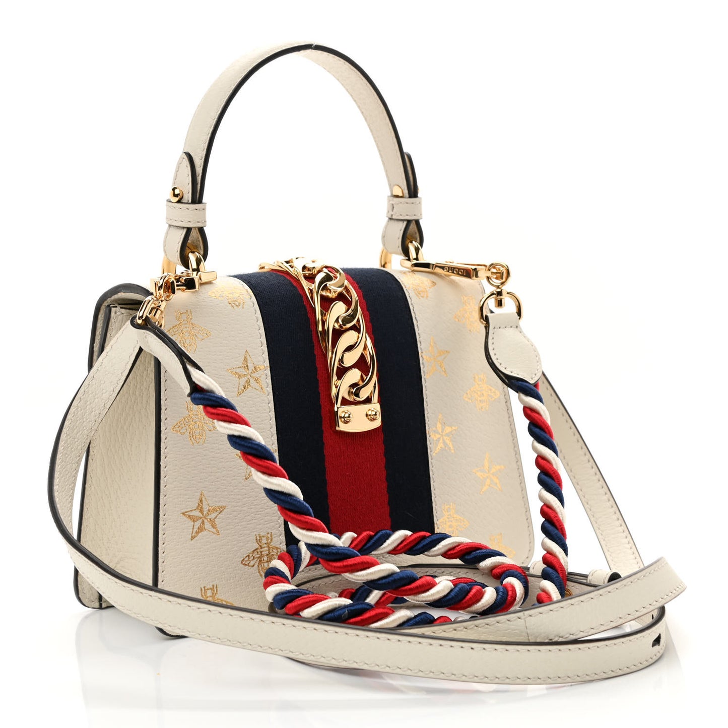Textured Calfskin Bee Star Print Mini Sylvie Top Handle Bag Mystic White