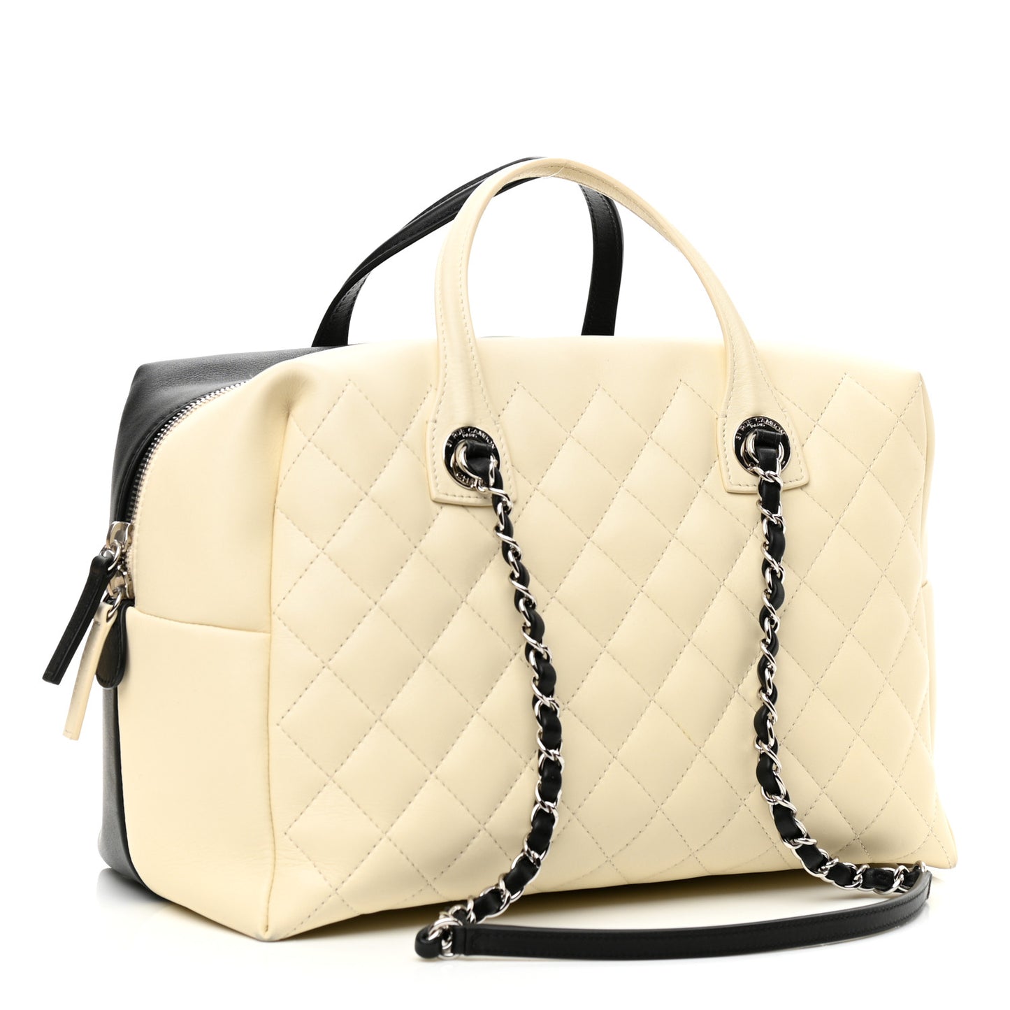 Calfskin Quilted Large Feather Weight Bowling Bag Black Ivory