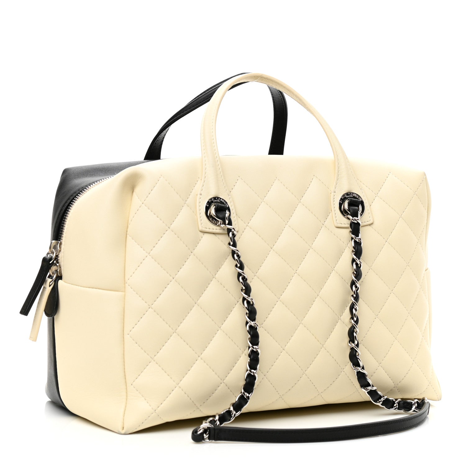 Chanel Calfskin Quilted Large Feather Weight Bowling Bag Black Ivory 2 of 10