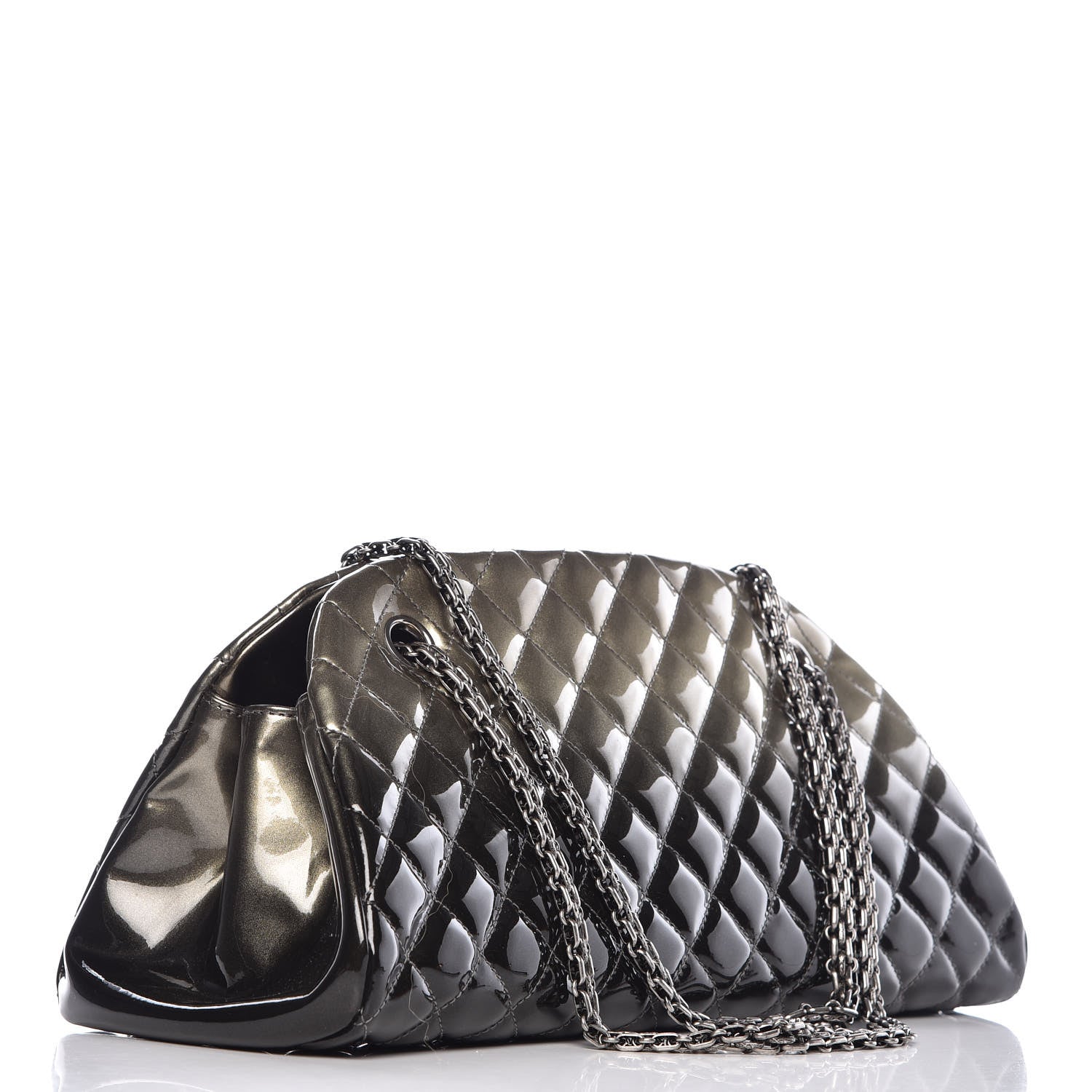 Chanel Metallic Patent Quilted Medium Just Mademoiselle Bowling Bag Silver Degrade 3 of 8