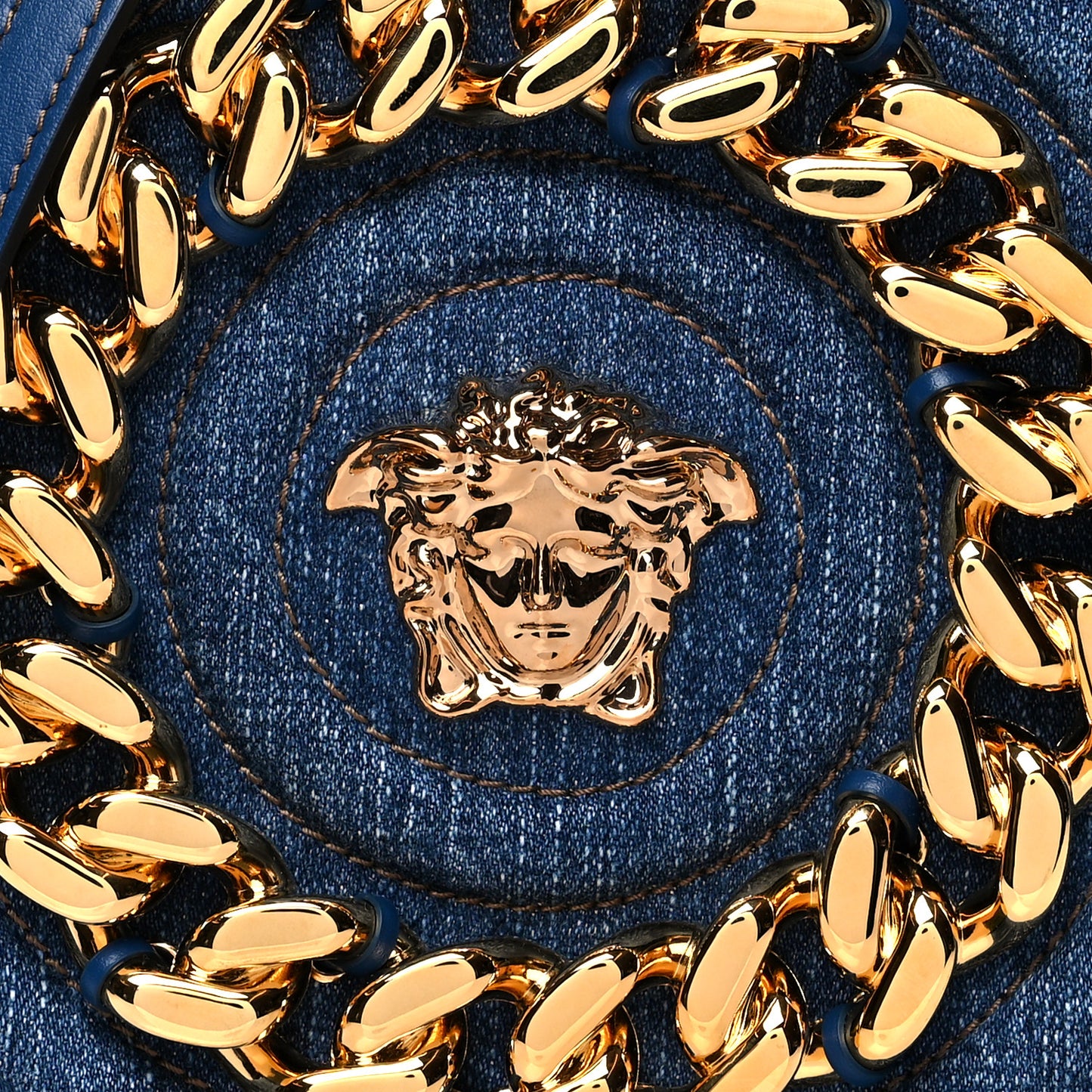 Denim Mini La Medusa Chain Round Crossbody Bag Navy Blue