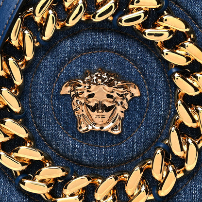 Versace Denim Mini La Medusa Chain Round Crossbody Bag Navy Blue 7 of 9