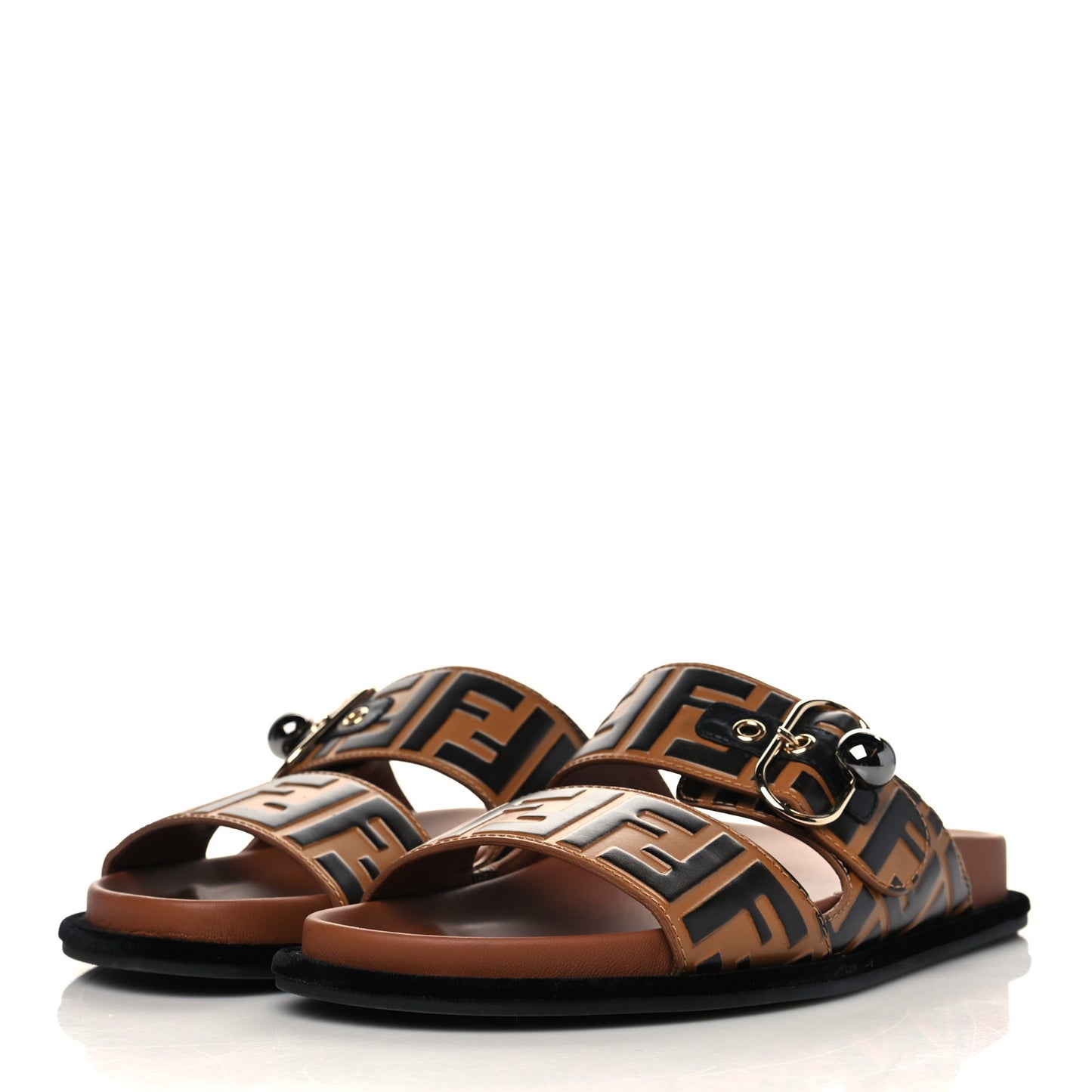 Calfskin FF Embossed Pearland Slide Sandals 39 Tobacco Moro