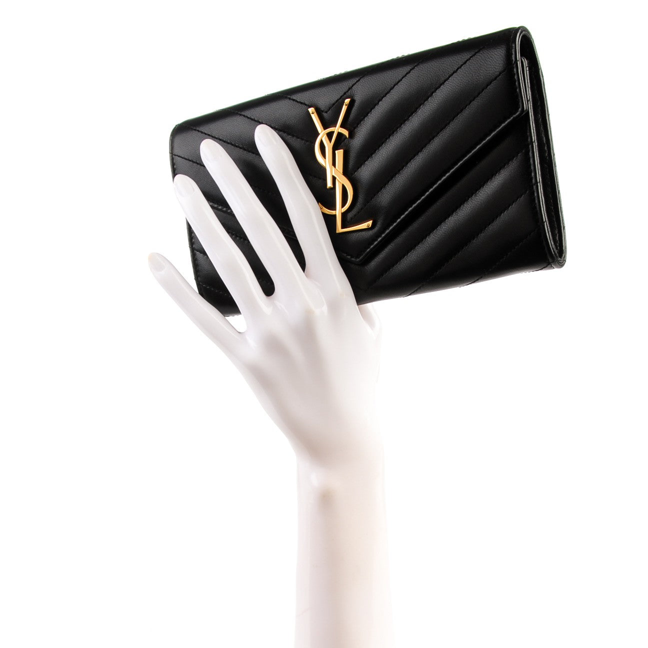 Saint Laurent Lambskin Matelasse Chevron Large Monogram Wallet Black 2 of 8