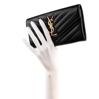 Saint Laurent Lambskin Matelasse Chevron Large Monogram Wallet Black 2 of 8