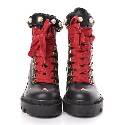 Gucci Calfskin Embroidered Lace Up Combat Ankle Boots 38.5 Black 2 of 10