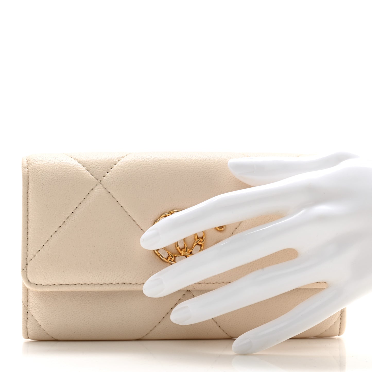 Shiny Goatskin Quilted Chanel 19 Flap Wallet Beige