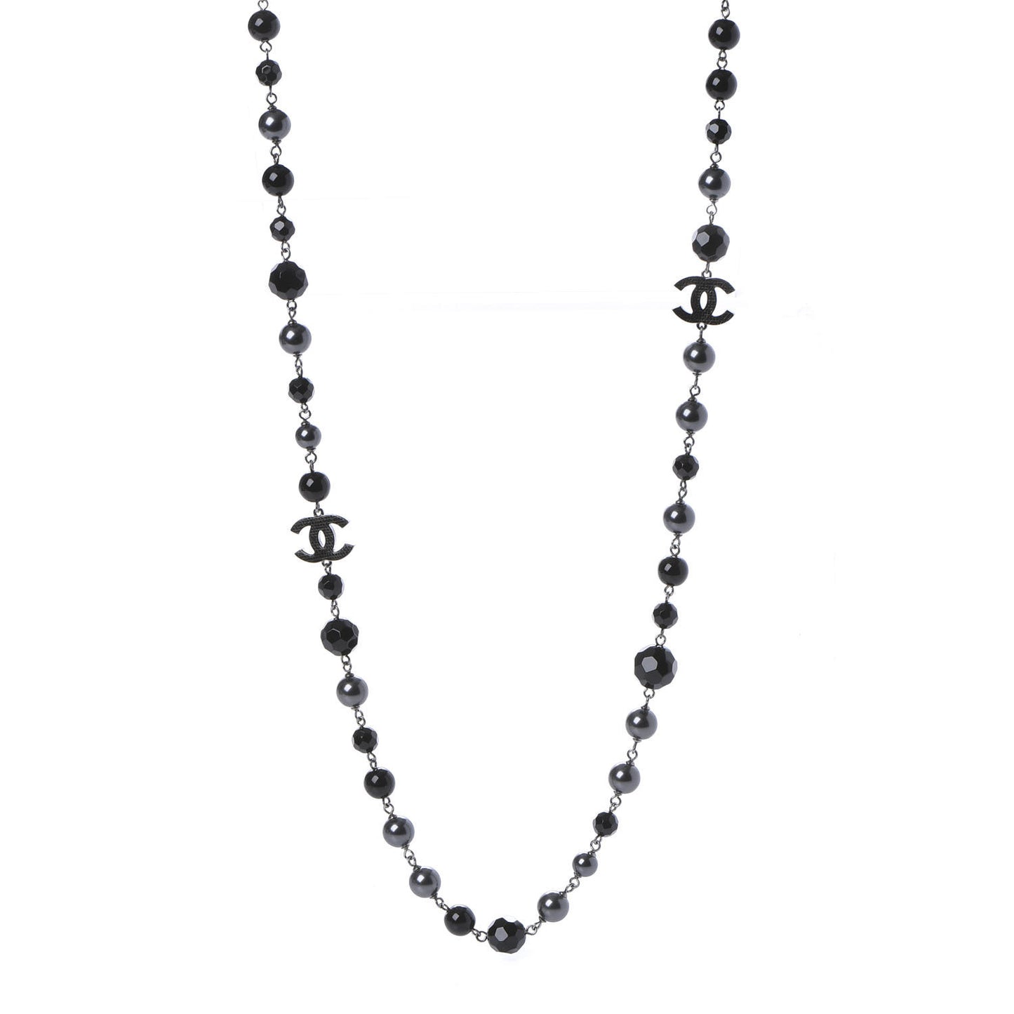 Pearl Beaded CC Long Necklace Silver Black