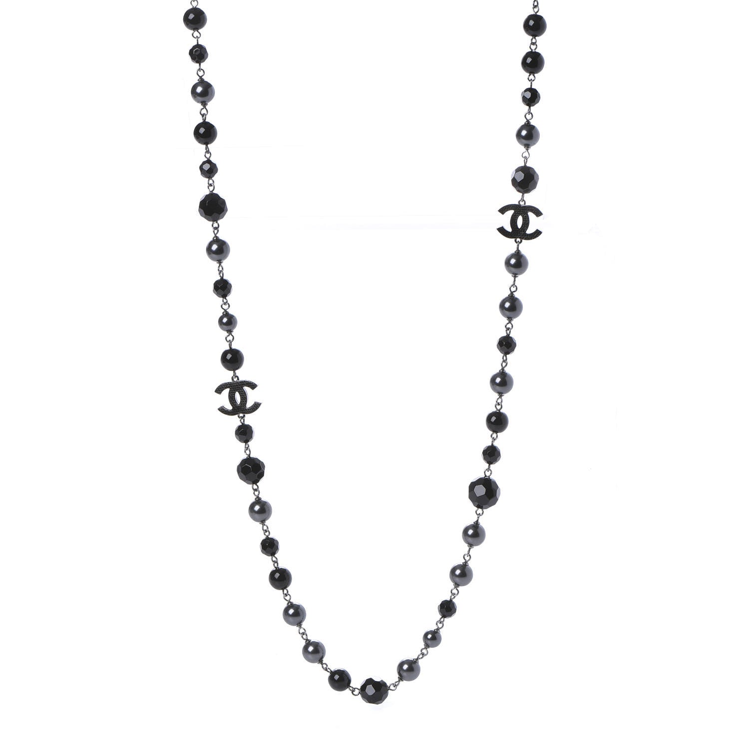 Chanel Pearl Beaded CC Long Necklace Silver Black 1 of 7