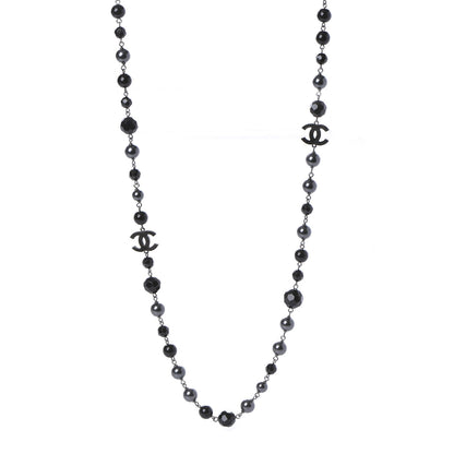 Chanel Pearl Beaded CC Long Necklace Silver Black 1 of 7