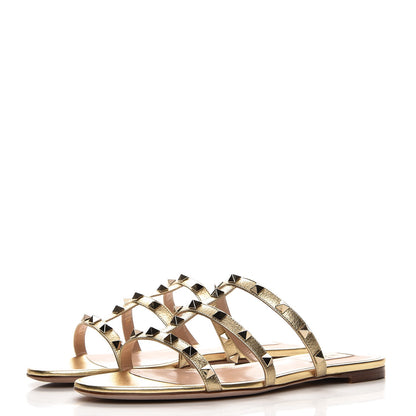 Valentino Garavani Metallic Grained Calfskin Rockstud Caged Flat Slide Sandals 39.5 Mekong 3 of 8