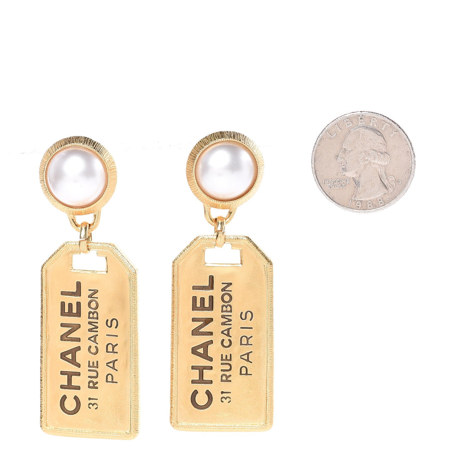 Pearl CC Tags Drop Earrings Gold