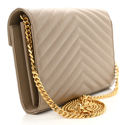 Saint Laurent Grain De Poudre Matelasse Chevron Monogram Envelope Chain Wallet Dusty Grey 3 of 11