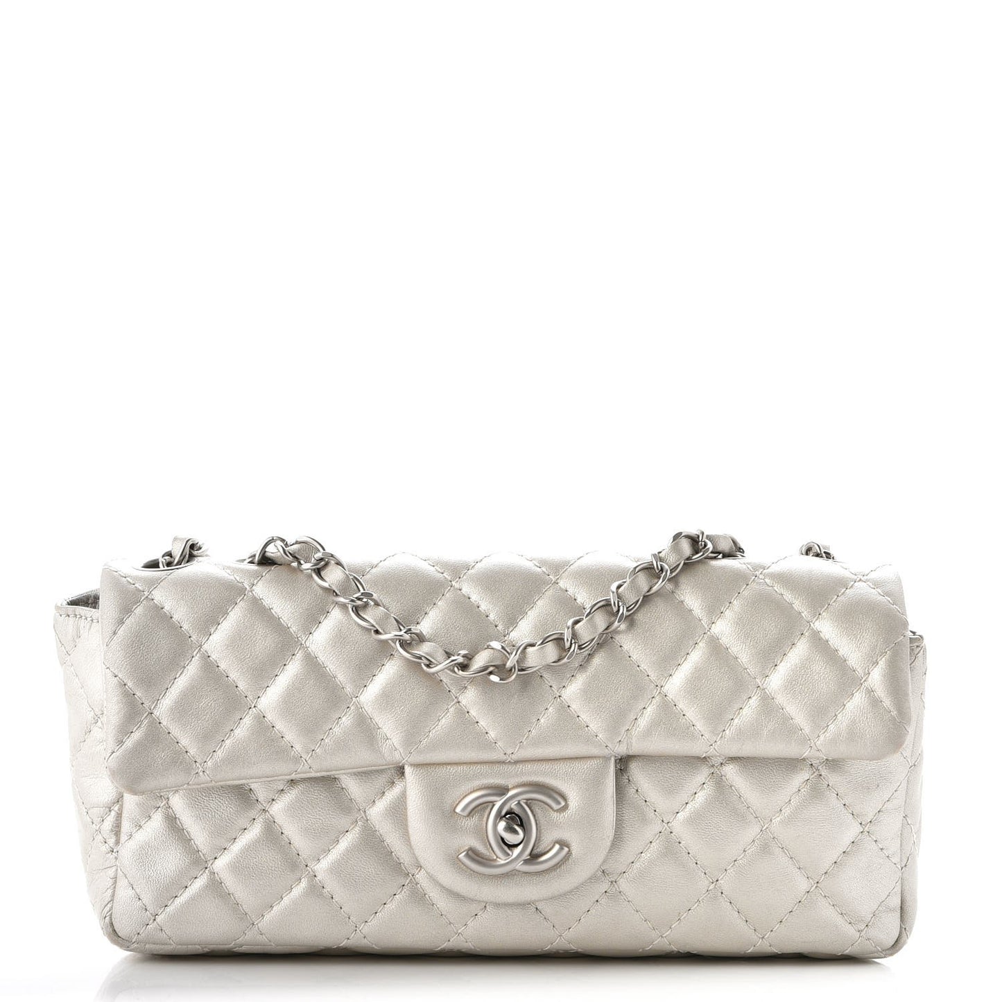 Metallic Lambskin Quilted East West Flap Silver