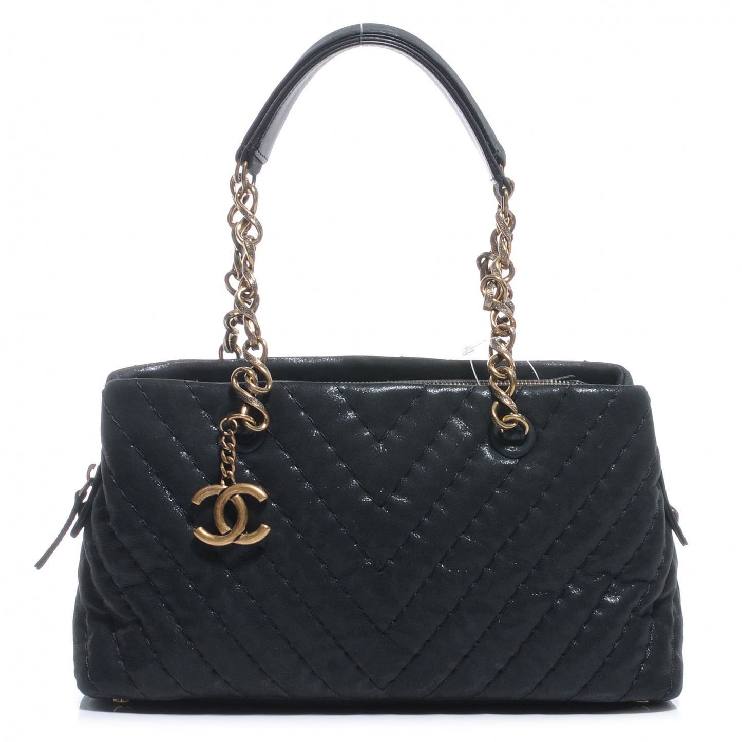 Iridescent Calfskin Surpique Chevron Small Tote Black