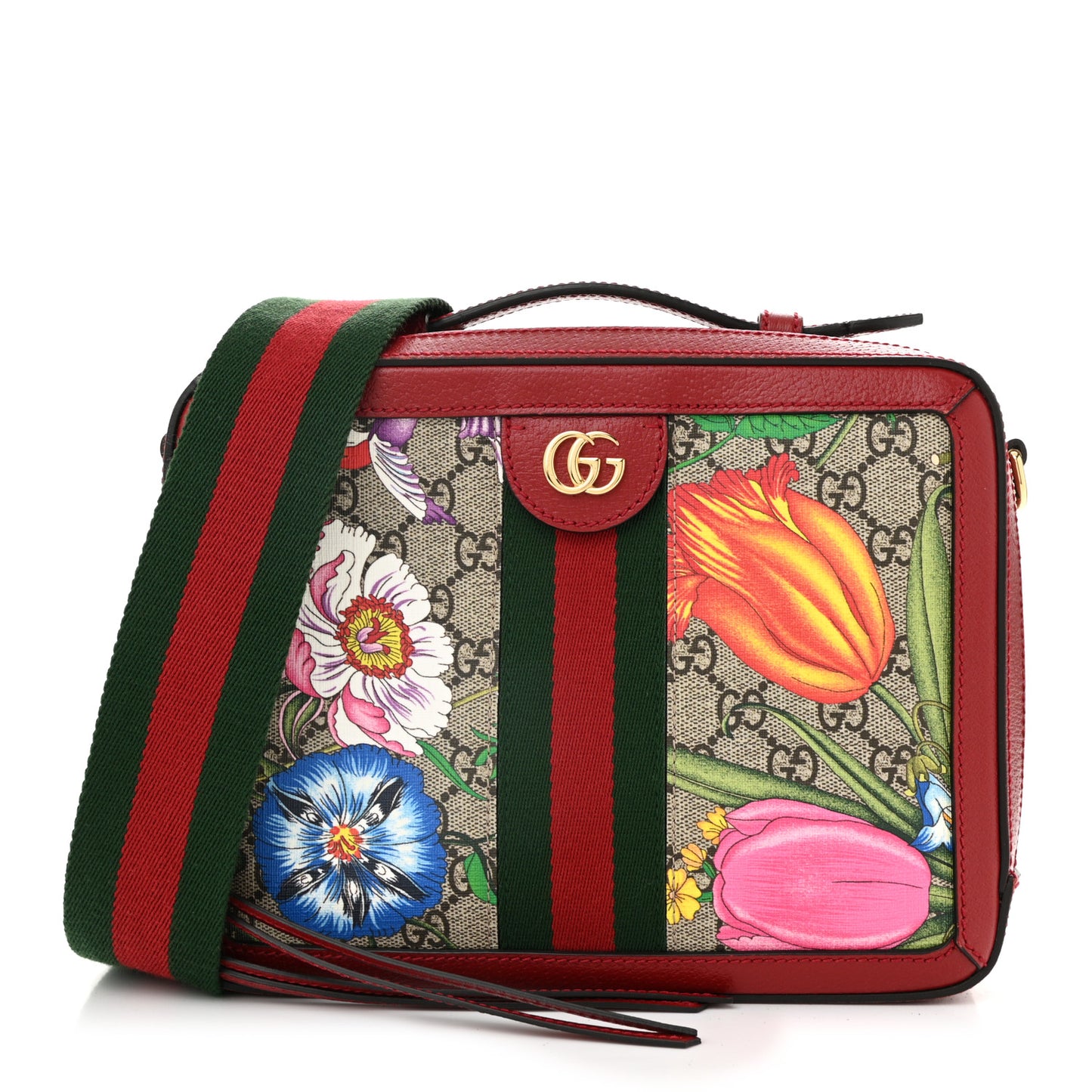 GG Supreme Monogram Flora Web Small Ophidia Top Handle Shoulder Bag Hibiscus Red