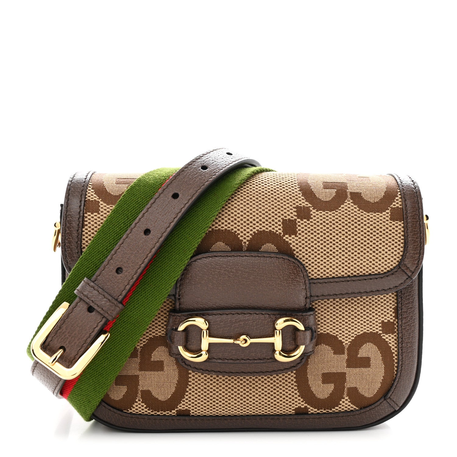 Gucci Monogram Jumbo GG Textured Dollar Calfskin Web Mini Horsebit 1955 Shoulder Bag Camel Ebony New Acero 1 of 10
