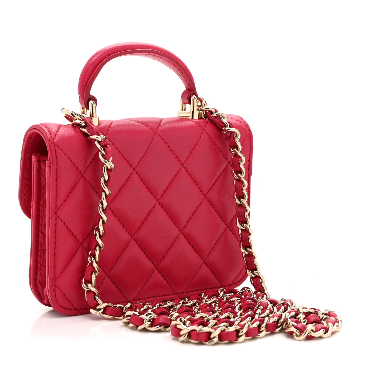 Lambskin Quilted Top Handle Flap Coin Purse With Chain Dark Pink