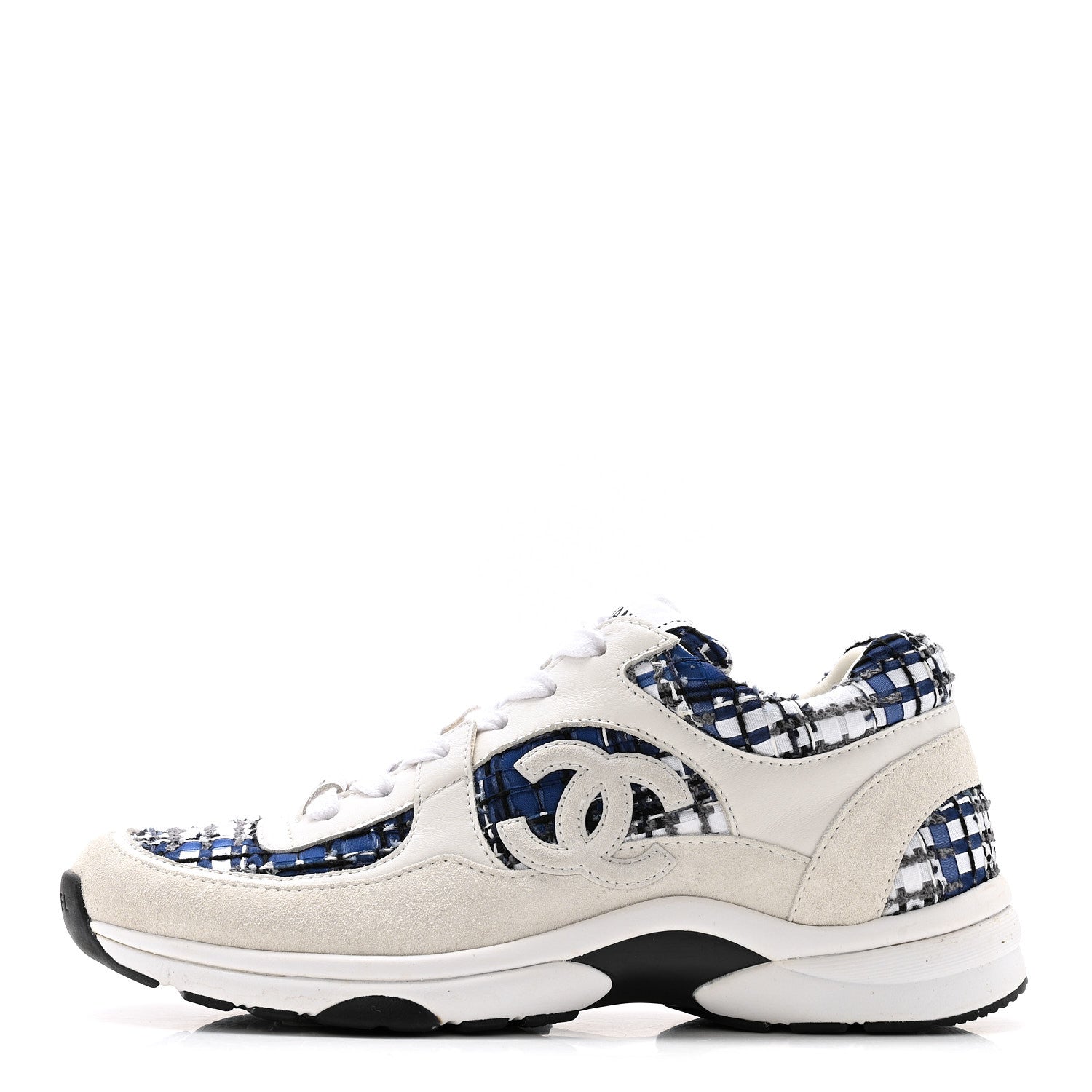 Chanel Tweed Suede Calfskin Womens CC Sneakers 38 Dark Blue Black Grey White 1 of 12
