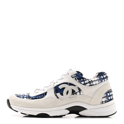 Chanel Tweed Suede Calfskin Womens CC Sneakers 38 Dark Blue Black Grey White 1 of 12