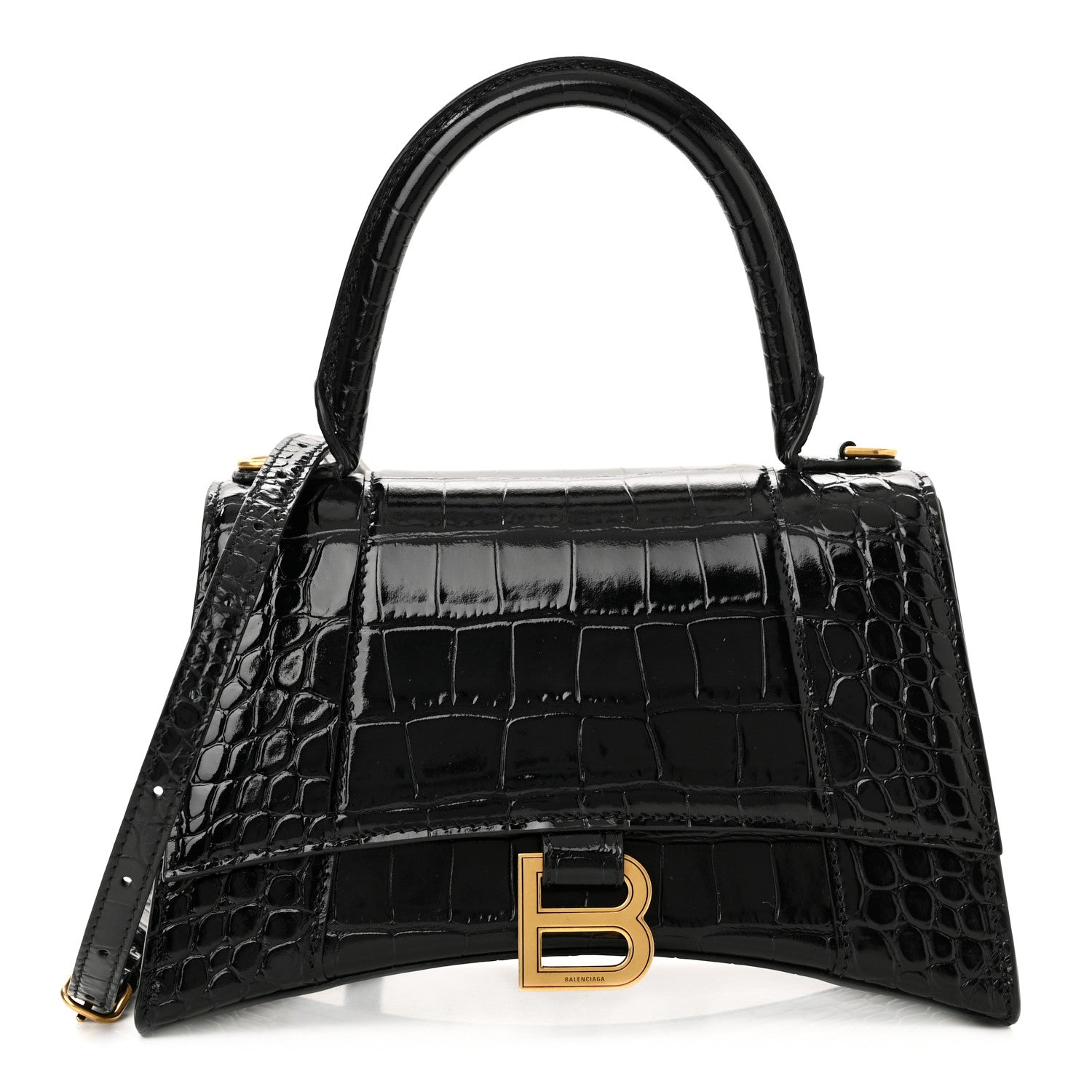 Balenciaga Shiny Calfskin Crocodile Embossed Small Hourglass Top Handle Bag Black 1 of 8
