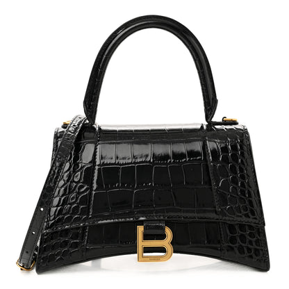 Balenciaga Shiny Calfskin Crocodile Embossed Small Hourglass Top Handle Bag Black 1 of 8