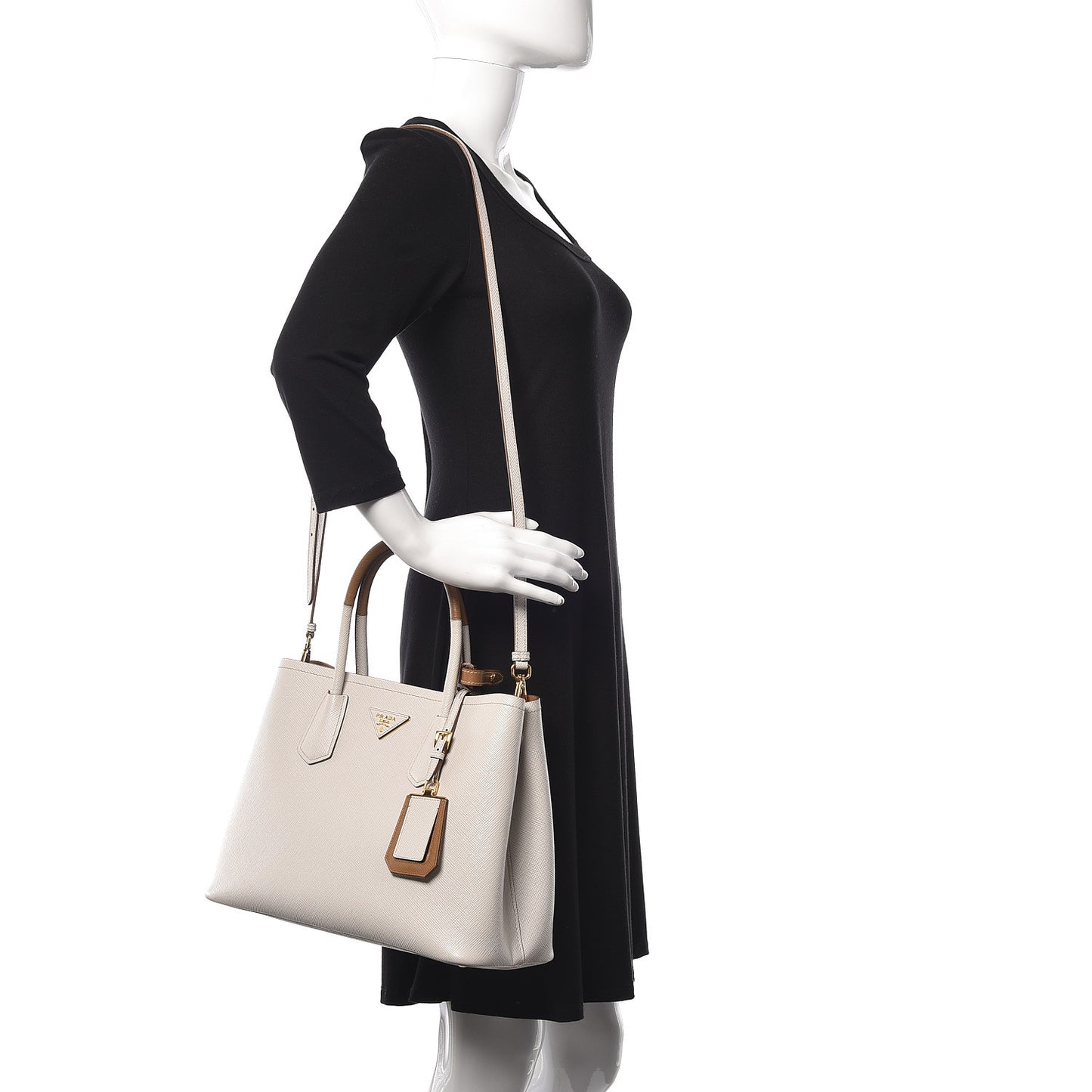 Saffiano Cuir Small Bi-Color Double Bag Talco Caramel